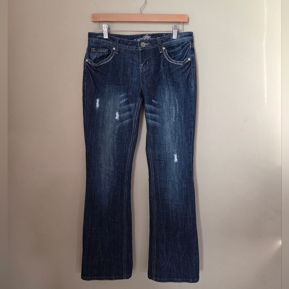 Almost Famous Dark Blue Denim Distressed Boot Cut Jeans Size 9